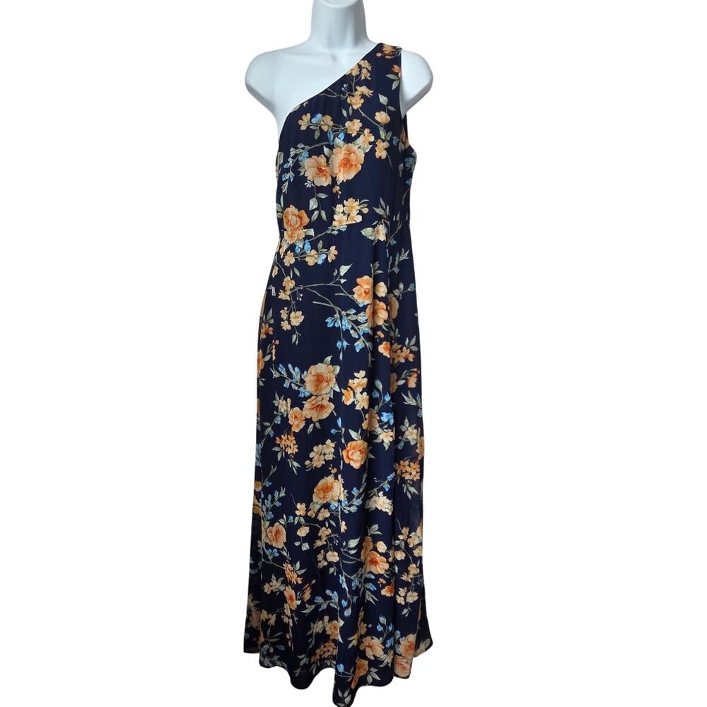 Lulus Elegant Admiration Navy Blue Floral One Shoulder Maxi Dress Medium - Picture 3 of 11